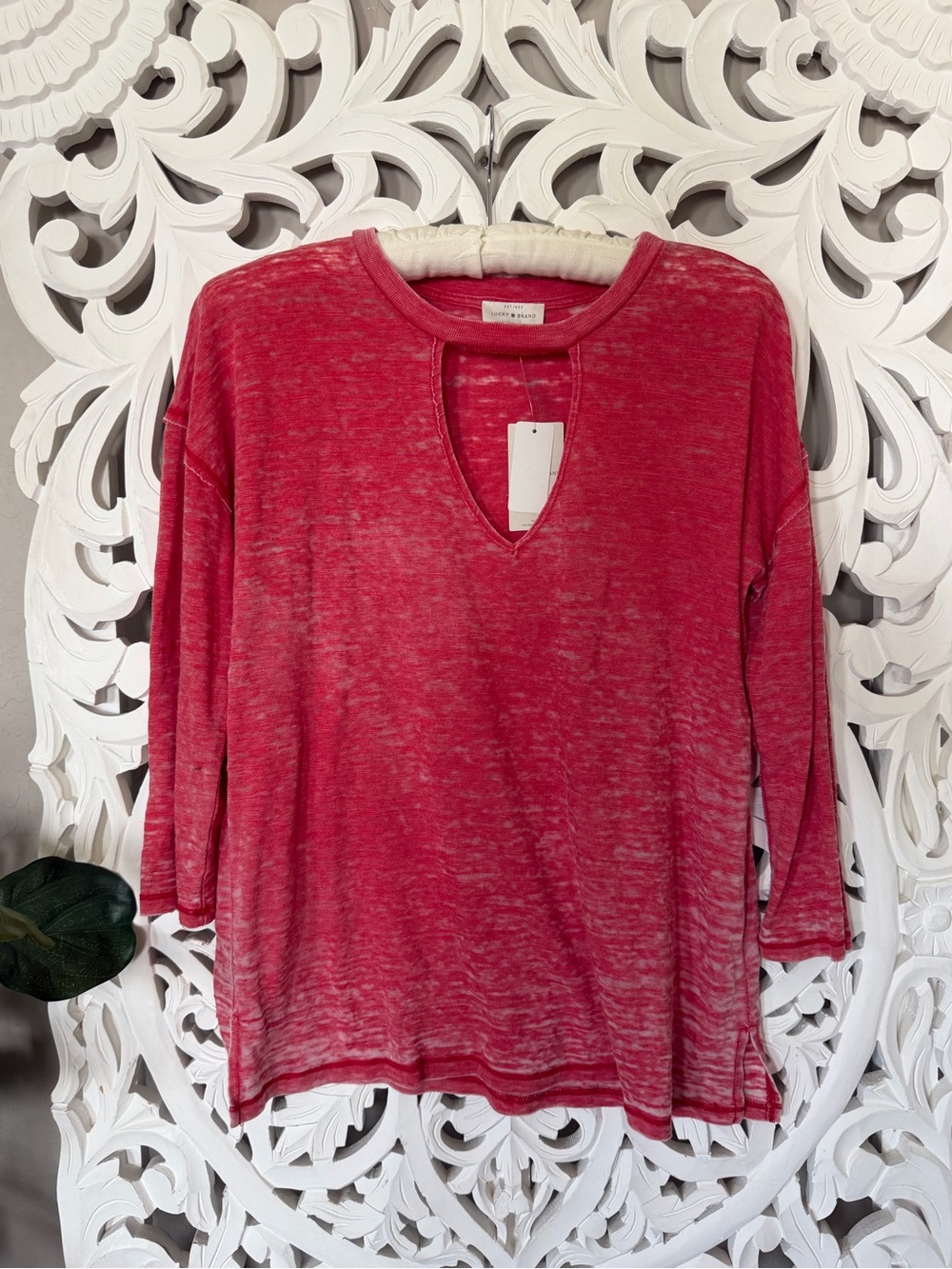 Lucky Brand Red Burnout Long Sleeve Top with Keyhole L